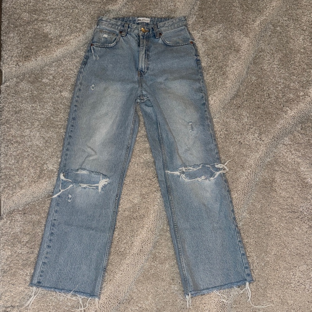 Zara Light Blue Distressed Straight Leg Jeans